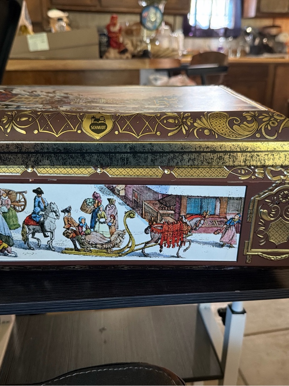 Decorative Brown Metal Storage Tin with Vintage Holiday Scene